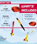 Specifications chart for Vogel Pro Series II Expert Two-Stage Model Rocket Kit For Serious Rocketeers with parachutes visible.