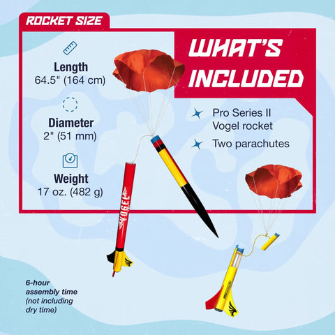 Specifications chart for Vogel Pro Series II Expert Two-Stage Model Rocket Kit For Serious Rocketeers with parachutes visible.