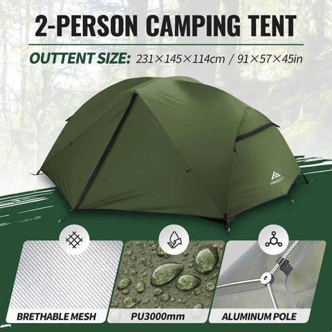 2 Person Waterproof And Windproof Camping Tent For 3 To 4 Seasons With Lightweight Aluminum Poles Fast Setup And Compact Backpacking Design Perfect For Hiking Outdoor Adventures And Backpack Trips shown with breathable mesh