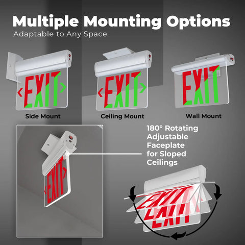 Edge-Lit Exit Sign With Selectable Red And Green LED, Single-Sided Clear Acrylic Panel, aluminum housing, multiple mounting options shown