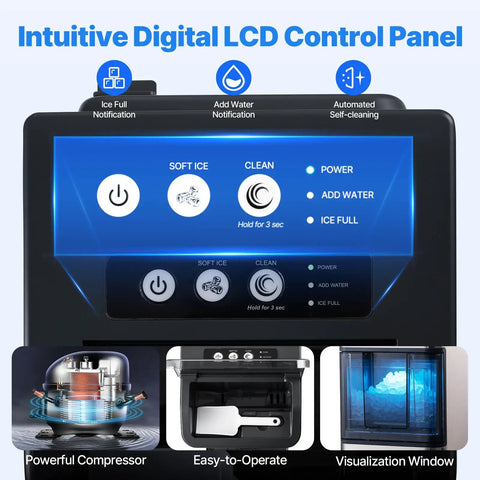 Intuitive Digital LCD Control Panel on Countertop Nugget Ice Maker Makes Forty Eight Pounds Per Day With Instant Freeze Speed And Zero Stress Cleaning Whips Up Smooth Chewable Pellets For Legit Chill Backyard Hangs.
