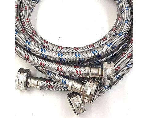Eight Foot Braided Stainless Steel Washing Machine Hoses, Burst Proof Up To 1500 Psi, Two Pack, Color Coded Hot And Cold Lines
