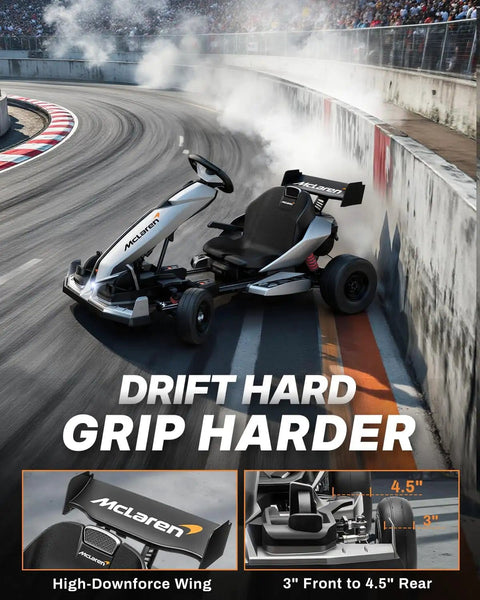 McLaren Licensed 48V Electric Go Kart For Big Kids Hits 15 MPH With Realistic 1 To 7 Gearbox Drift Style Racing Cart in action on track