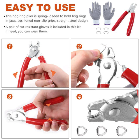Three Eighth Inch Hog Ring Kit With One Thousand Galvanized Hog Rings, Pro Hog Ring Plier, And Cut Resistant Gloves in use