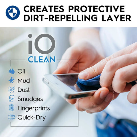 Eyeglass lens cleaner kit with blue microfiber cloth wiping a smartphone screen