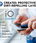 Person using Screen Cleaner Spray 16 Oz All In One Cleaning Kit For LCD LED OLED TVs Smartphones Tablets Laptops Monitors And Other Devices Includes Microfiber Cloth Wipes And Dual Nozzle Bottles For Fast Smudge Free Shine on smartphone.