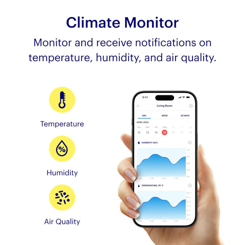 Indoor Home Security Cam 1080P HD WiFi Climate Monitor showing temperature, humidity, and air quality data on smartphone screen.