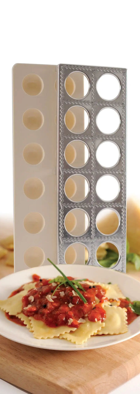 Ravioli Maker With Press 12 Inch Mold For Homemade Pasta No Roller Needed, with plated ravioli and sauce visible