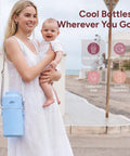 Mama Approved Portable Breast Milk Cooler With Two Bpa Free Feeding Bottles Keeps Little Ones Chilled On The Go No Sweat Travel Kit For Modern Working Parents, woman holding baby, blue cooler bag, beach setting.