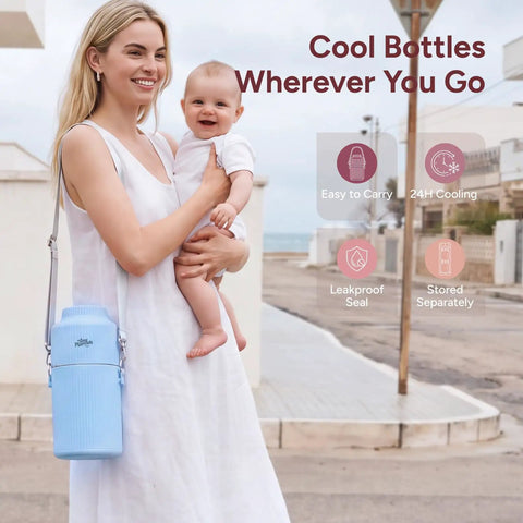 Mama Approved Portable Breast Milk Cooler With Two Bpa Free Feeding Bottles Keeps Little Ones Chilled On The Go No Sweat Travel Kit For Modern Working Parents, woman holding baby, blue cooler bag, beach setting.