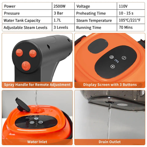 Hi-Temp Handheld Steam Cleaner 2500W with 3 Bar Pressure and 1.7L Tank, showing control buttons and drain outlet