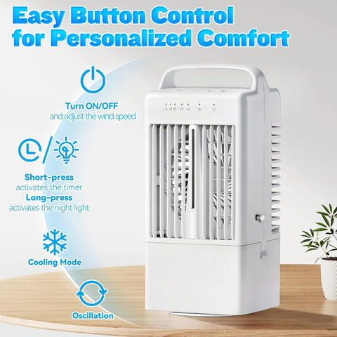 Portable Evaporative Cooler With 900ml Tank, Mini Air Conditioner Fan For Room, shown with button controls and features