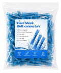 Blue Heat Shrink Butt Connectors 100 Pack 16 Thru 14 Awg Beefy Copper Crimp Wire Splices in a clear bag showing sealed connectors.