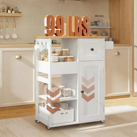 White kitchen cart with wooden top, side storage, and decorative elements on 1 Inch L Shape Caster Wheels Set Of 4 Heavy Duty Swivel Side Mount Casters With Brakes Silent Rubber Wheels Load Rating 99 Lbs For Furniture Cribs Tables Desks Cabinets And DIY Projects.