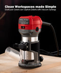Compact Wood Router Tool with 6.5 Amp 1.25 HP Motor on wooden surface with DustLock cover and precision trimmer