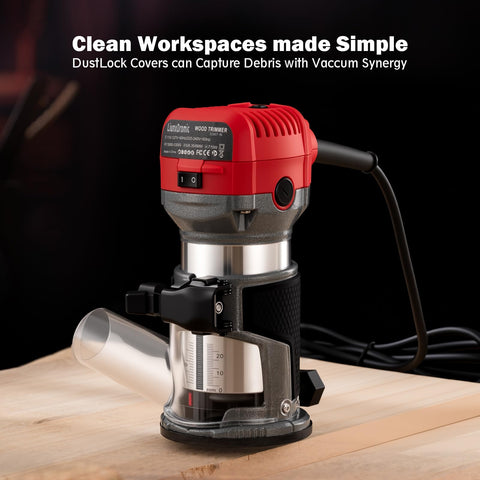 Compact Wood Router Tool with 6.5 Amp 1.25 HP Motor on wooden surface with DustLock cover and precision trimmer