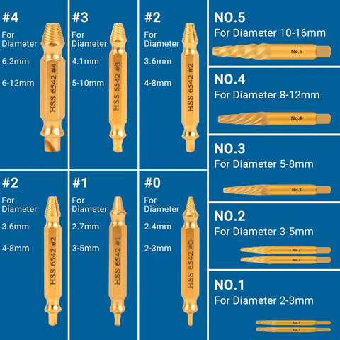 Damaged Screw Extractor Set 13-Piece With Spiral Extractors And Double-Head Bits, sizes marked for various diameters