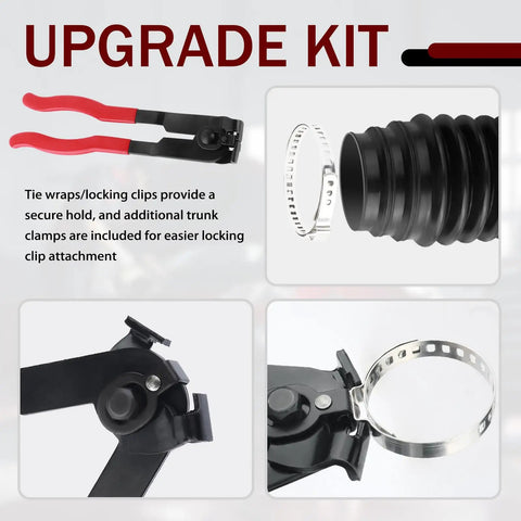 Upgrade Kit showing clamp pliers and components of Cut To Fit Silicone Rack And Pinion Boot Kit With Inner Tie Rod Boot Adjustable