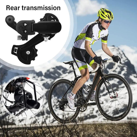 Solid Aluminum Rear Derailleur for mountain and road bikes, direct mount hanger, 6/7/8/9/10 speed systems, cyclist in action