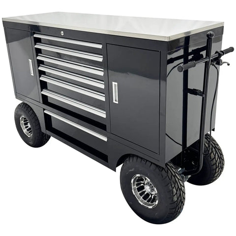 Badass Heavy Duty 500kg Rolling Toolbox With 7 Drawers Off Road Tires Racing Pit Wagon Cart with a steel cabinet and rubber wheels.
