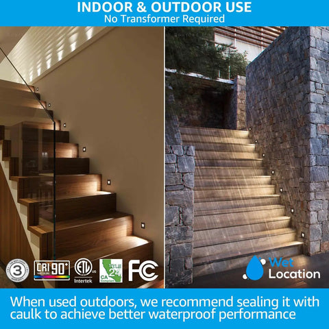 Indoor outdoor view of 3CCT LED step lights for indoor outdoor use 120V 277V dimmable vertical stair lights 150LM 2.5W zinc alloy