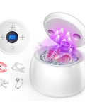 Ultrasonic Mouth Guard Cleaner with UV light, suitable for dentures and aligners, uses 45Khz technology for grime removal.