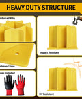 High Visibility Yellow Guardrail Base Boots 4 Pack With Abs Plastic Design Hella Durable For Temporary Traffic Control Plus Nitrile Coated Work Gloves showing reinforced ribs and impact resistant features.