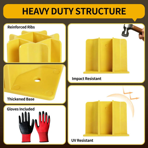 High Visibility Yellow Guardrail Base Boots 4 Pack With Abs Plastic Design Hella Durable For Temporary Traffic Control Plus Nitrile Coated Work Gloves showing reinforced ribs and impact resistant features.
