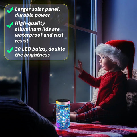 Solar Mason Jar Lantern Lights With Jar Lid 30 LED Fairy String Lights On 9.84 Ft Copper Wire 20 Hangers next to child at window