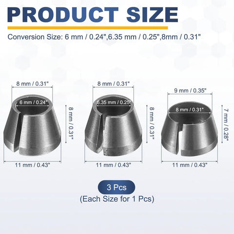Three Piece Collet Adapter Set With 6mm 8mm And 6.35mm Sizes Carbon Steel Router Collet Reducers with product size specifications