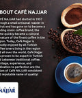 Cafe Najjar about section with coffee beans and cup next to brand logo