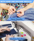 Person hand sewing and using machine with All In One Sewing Needle Threader Kit 19 In 1 With Handy Storage Case Includes Gourd Shaped And Thumb Shaped Threaders Drawstring Threaders Stitch Removers And 5 Needles For Hand Sewing Embroidery And Quick Fixes.