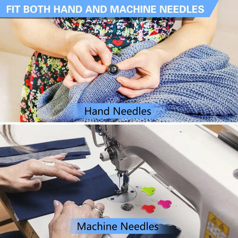Person hand sewing and using machine with All In One Sewing Needle Threader Kit 19 In 1 With Handy Storage Case Includes Gourd Shaped And Thumb Shaped Threaders Drawstring Threaders Stitch Removers And 5 Needles For Hand Sewing Embroidery And Quick Fixes.