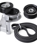 Premium Serpentine Belt Tensioner Idler Pulley Kit #38488 166200W100 For Toyota Tundra 4Runner Sequoia Land Cruiser Lexus LX470 4.7L V8 98-09 Heavy Duty Replacement That Keeps Your Ride Cruising Smooth Without The Rattle Or Slip Any More. Serpentine belt tensioner, idler pulley, and belt on white background