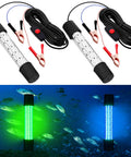 2 Pack Underwater Fishing Light Kit 12V 15W Submersible LED Lure Lamp With 16.4ft Cord for Pool Boat Sea, glowing green and blue underwater