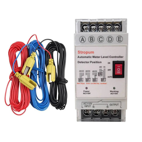 Front view of Set It And Forget It Automatic Water Level Controller for 110V Systems with float switch and relay, wires visible.