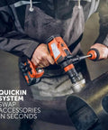 18V Brushless Cordless Drill Driver Set Packs Badass Torque And Four Speeds Hammer Mode, a person using a drill on metal.