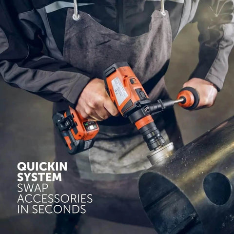 18V Brushless Cordless Drill Driver Set Packs Badass Torque And Four Speeds Hammer Mode, a person using a drill on metal.