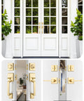 Exterior and interior view of Double Front Door Handle Set With Satin Brass Exterior Lock Front Door Handle And Single Cylinder Deadbolt