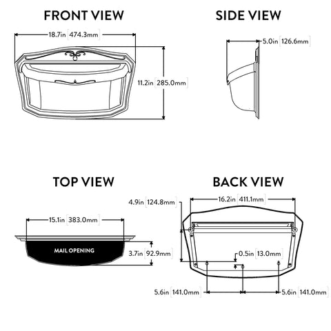 Black Wall Mount Mailbox Crafted From Die Cast Aluminum With Powder Coat Front Side Top Back View Dimensions