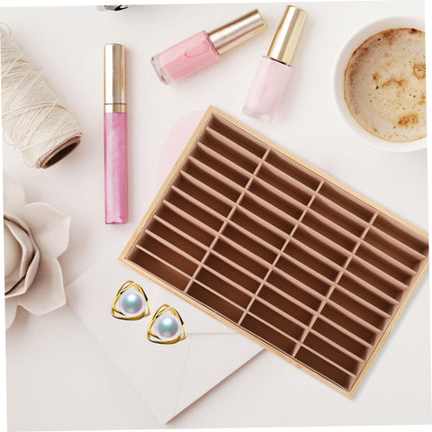 Slick Multi Grid Jewelry Tray Wooden Desktop Organizer Phone Stand For Rings Earrings And Bracelets Elegant Catch All Station on table with accessories.