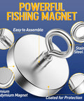 Beast Mode Neodymium Fishing Magnet With 700 Lbs Pulling Power And Countersunk Hole Eyebolt showcased with stainless steel ring