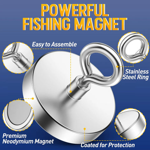 Beast Mode Neodymium Fishing Magnet With 700 Lbs Pulling Power And Countersunk Hole Eyebolt showcased with stainless steel ring