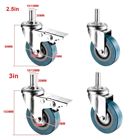 Rock Solid Swivel Casters With Quiet Locking Brakes And Scratch Guard Pvc Treads For Furniture Carts Desks Plus Workbenches, showing 2.5in and 3in sizes.