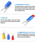 Blue 16 To 14 AWG Insulated Fork Spade U Type Wire Connectors Set with PVC sheath and fork end, 27A max and color coded for identification.