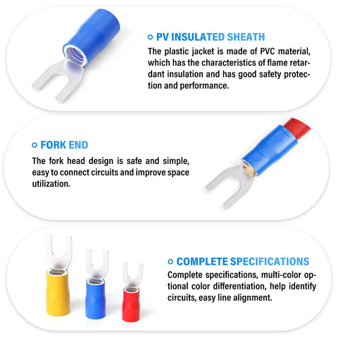 Blue 16 To 14 AWG Insulated Fork Spade U Type Wire Connectors Set with PVC sheath and fork end, 27A max and color coded for identification.
