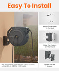 Heavy Duty Swivel Metal Bracket For AW40 Hose Reel Replacement Featuring Tough As Nails Polypropylene Build And Slick Easy Turn Swivel mounted to a wall with hose.