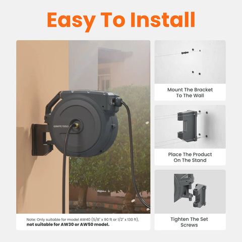 Heavy Duty Swivel Metal Bracket For AW40 Hose Reel Replacement Featuring Tough As Nails Polypropylene Build And Slick Easy Turn Swivel mounted to a wall with hose.