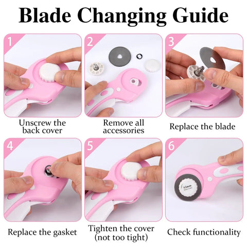 Blade changing guide for Versatile 45mm Rotary Cutter For Fabric With Five Extra Blades, Ergonomic Roller Cutter Design.