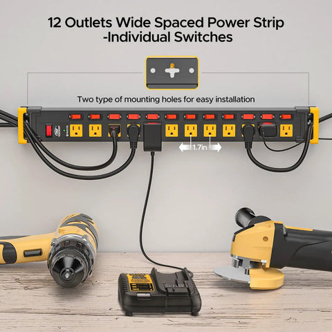 Heavy Duty 12-Outlet Metal Power Strip With Individual Switches, Wide Spacing for Bulky Plugs, mounted on wall with tools.